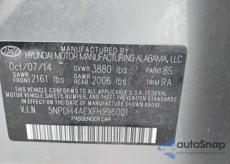 2015 Hyundai Elantra Se from USA, damaged, VIN 5NPDH4AEXFH596001